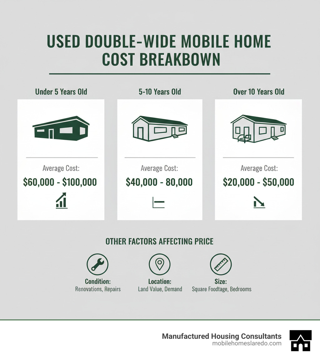 Infographic showing the average cost breakdown of used double-wide mobile homes by age category: homes under 5 years old ranging from $60,000-$100,000, homes 5-10 years old ranging from $40,000-$80,000, and homes over 10 years old ranging from $20,000-$50,000, with additional cost factors like condition, location, and size affecting final price - how much does a used double wide trailer cost infographic 
