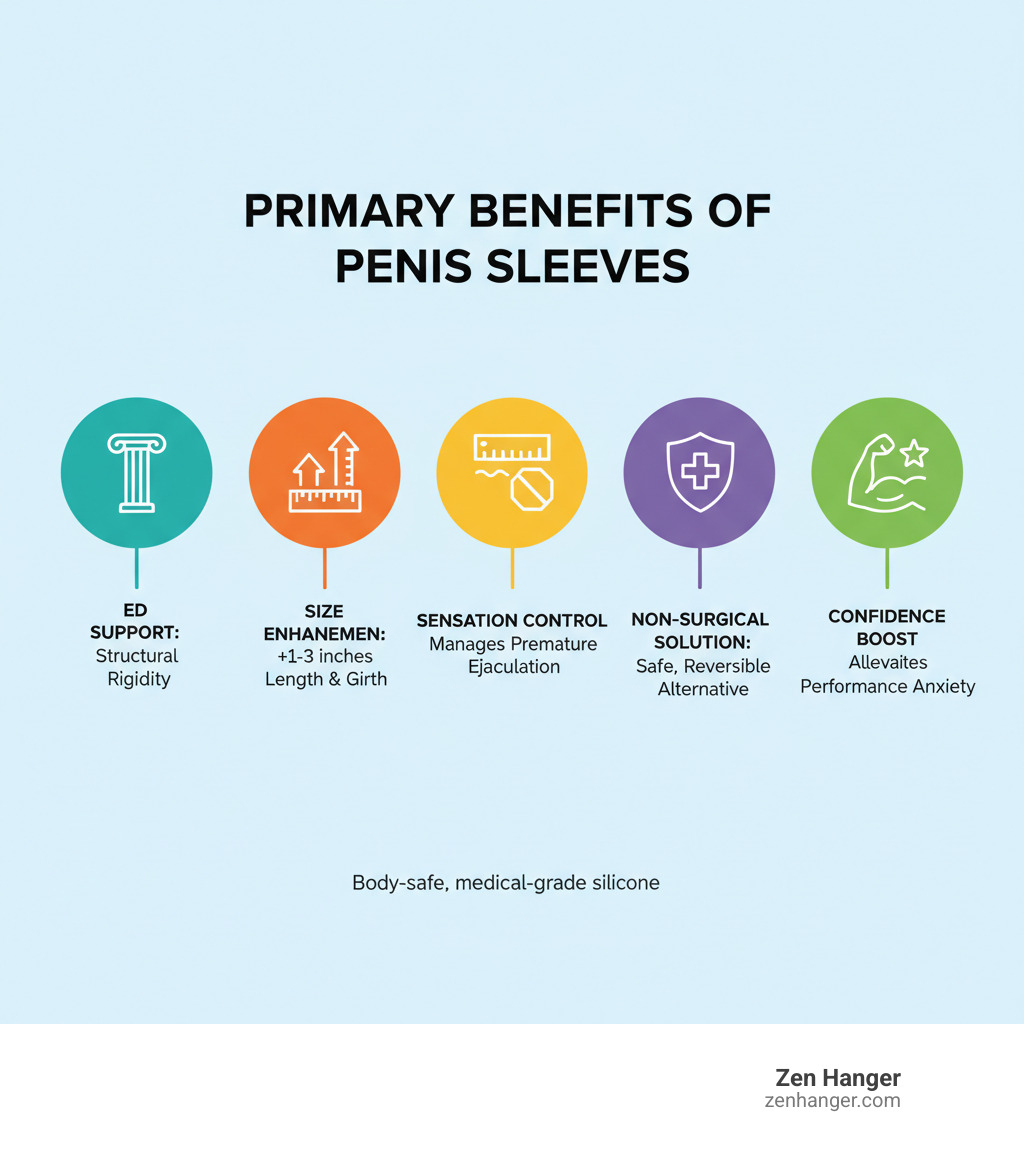 Infographic showing the primary benefits of penis sleeves: ED Support (provides structural rigidity for men with erectile difficulties, allowing penetrative sex), Size Enhancement (adds 1-3 inches of length and increased girth for partner stimulation), Sensation Control (reduces sensitivity to help manage premature ejaculation), Non-Surgical Solution (body-safe, reversible alternative to invasive procedures), and Confidence Boost (alleviates performance anxiety through reliable physical support) - penis sleeves review infographic 