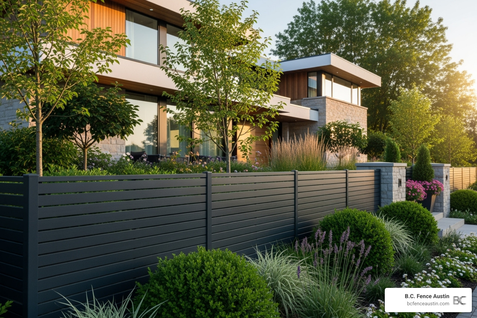 modern home with a dark charcoal gray horizontal fence - fence stain ideas
