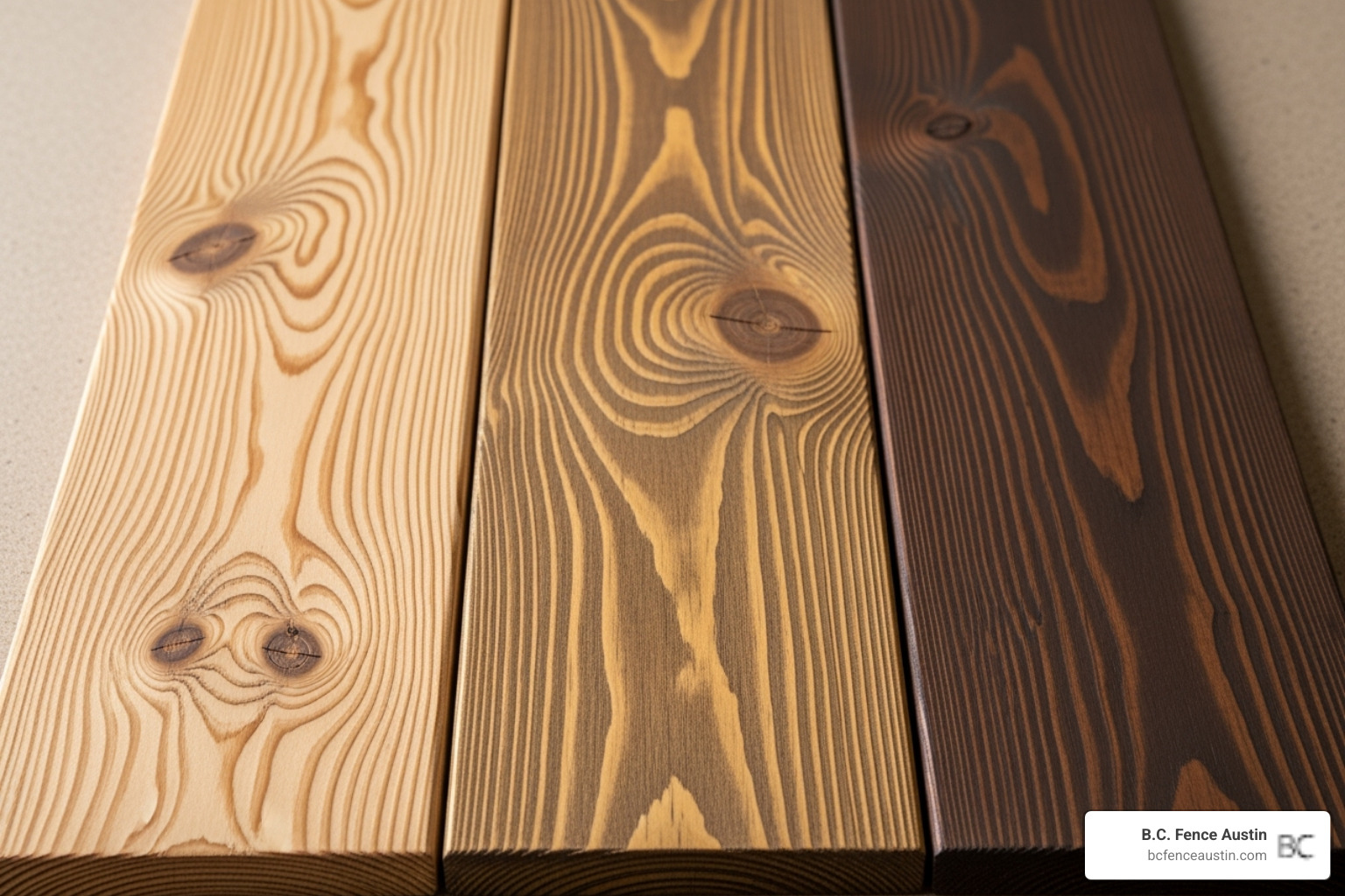 wood samples showing transparent, semi-transparent, and solid stain opacities - fence stain ideas
