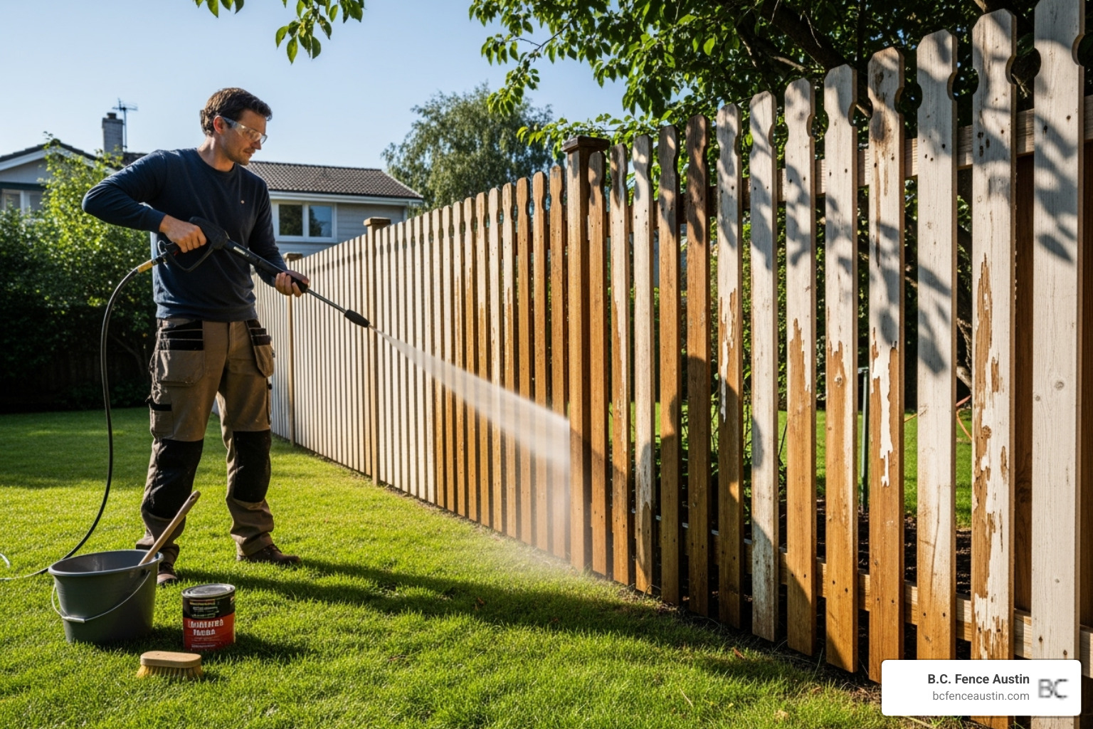 person properly preparing a fence for staining - fence stain ideas