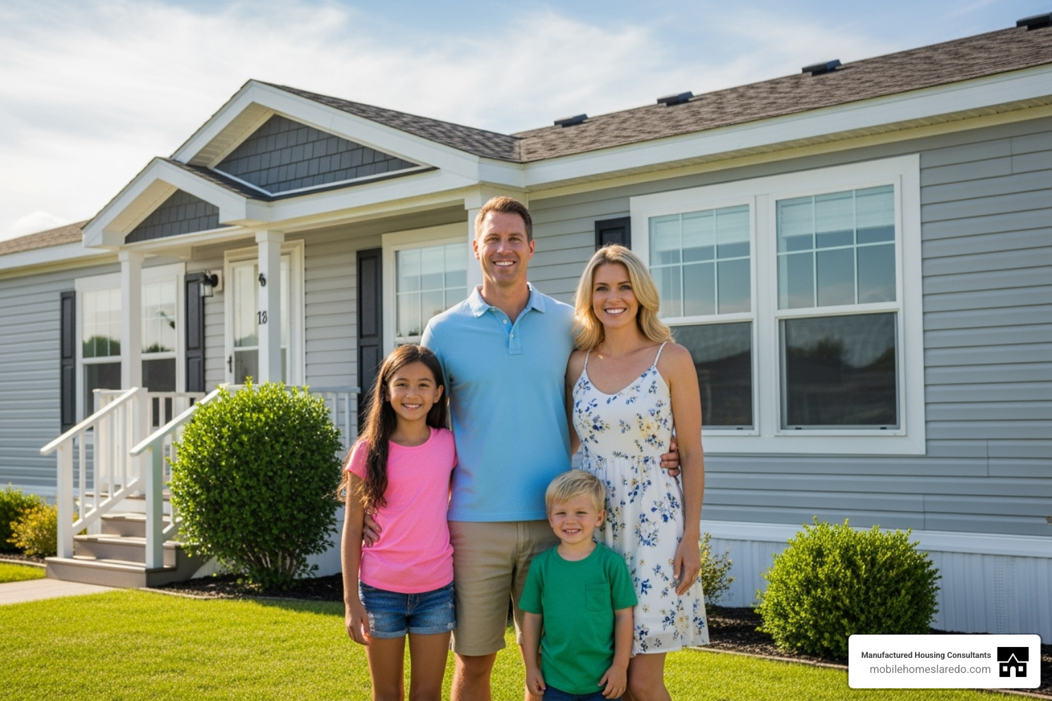 Happy family in front of double wide home - how much does a used double wide trailer cost