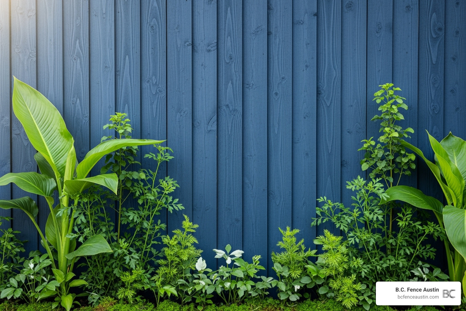 fence stained a deep slate blue, making the surrounding greenery pop - fence stain ideas