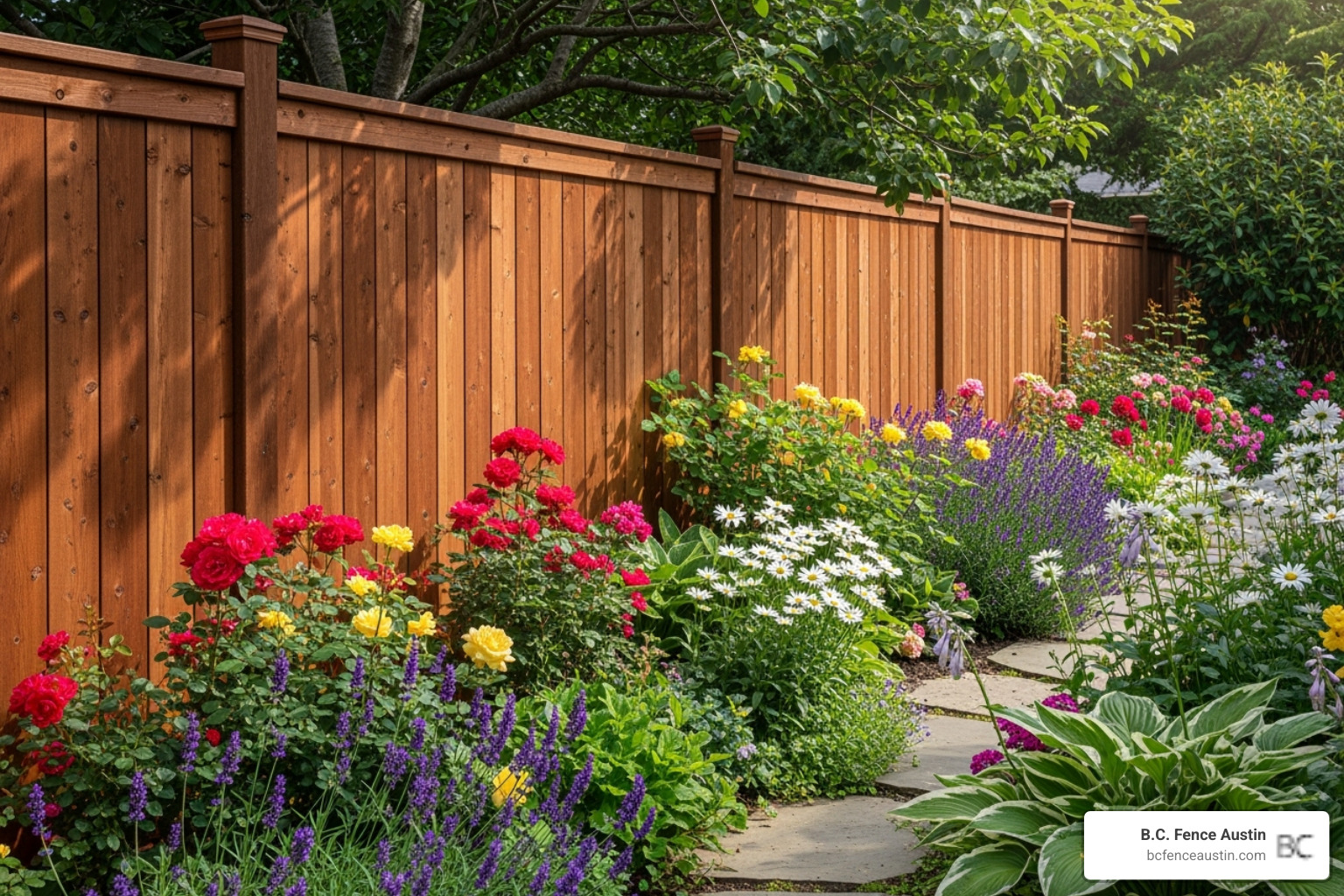 classic cedar-stained fence next to a garden - fence stain ideas