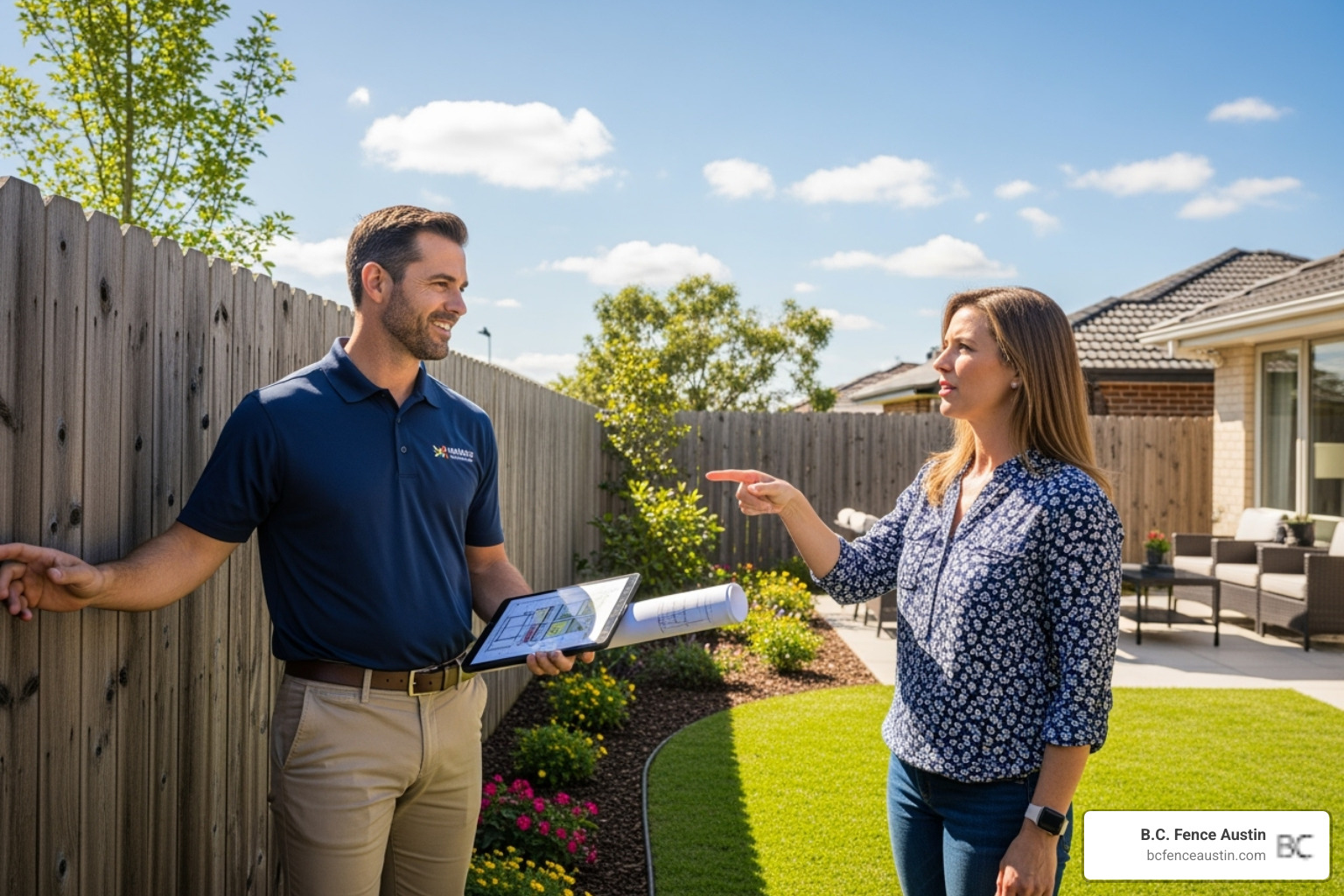 Friendly fence contractor discussing plans with a homeowner in their yard - fence installation Austin Friendly fence contractor discussing plans with a homeowner in their yard - fence installation Austin