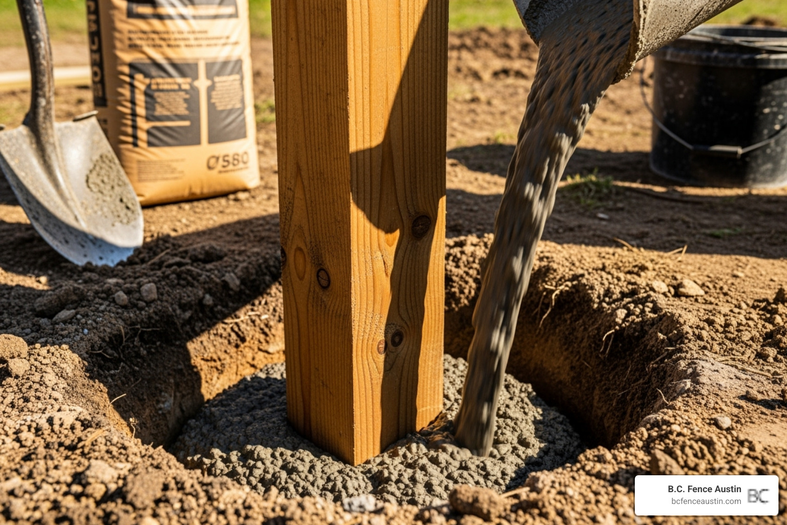 Fence post being set in concrete, emphasizing sturdy construction - fence installation Austin Fence post being set in concrete, emphasizing sturdy construction - fence installation Austin