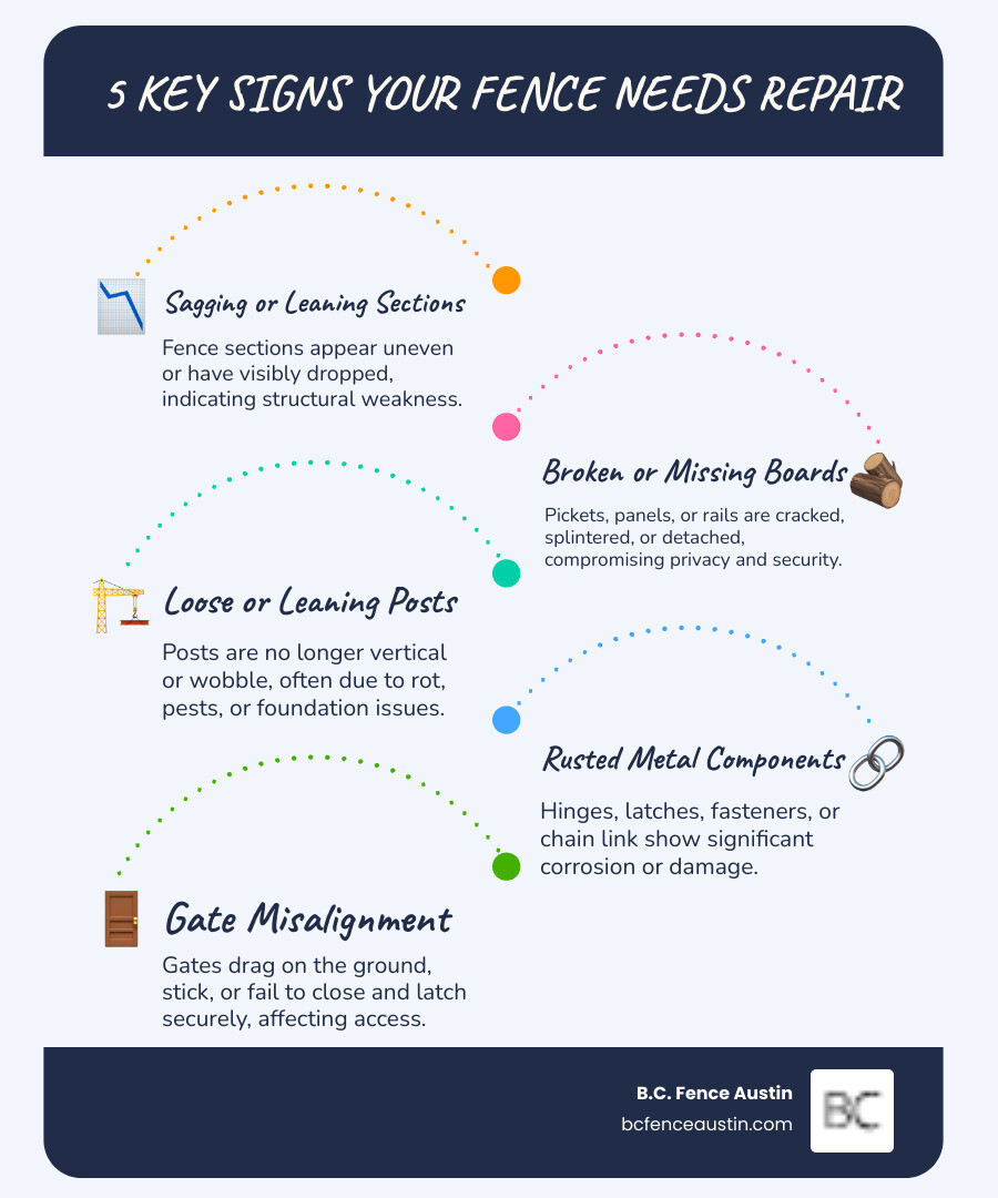 infographic showing 5 key warning signs your fence needs repair: sagging sections, broken boards, leaning posts, rusted metal parts, and misaligned gates - Austin fence repair infographic infographic-line-5-steps-blues-accent_colors