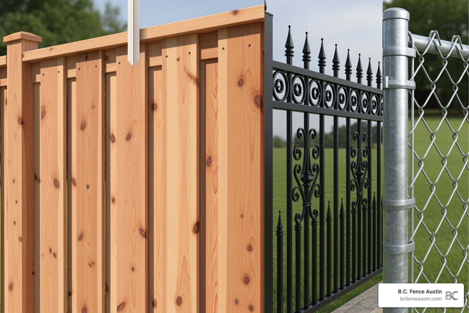 Collage showing different fence materials like cedar wood, ornamental iron, and chain link - fence installation Austin Collage showing different fence materials like cedar wood, ornamental iron, and chain link - fence installation Austin