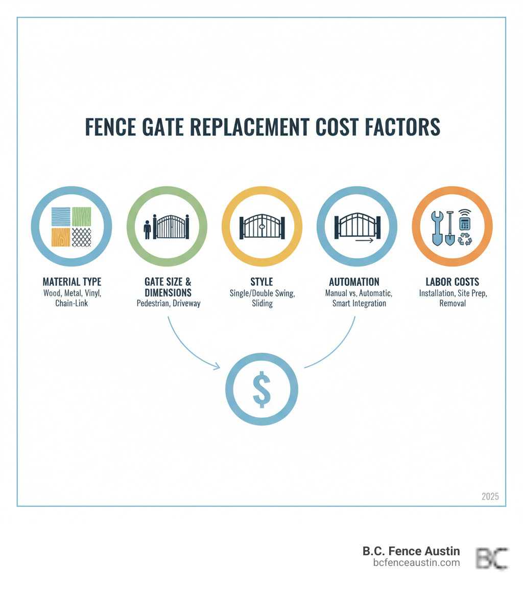 Infographic showing the main factors affecting fence gate replacement cost: Material type (wood, metal, vinyl, chain-link), Gate size and dimensions, Style (single swing, double swing, sliding), Automation features (manual vs. automatic openers, keypads, smart integration), and Labor costs (professional installation, site preparation, old gate removal) - how much does it cost to replace a fence gate infographic  Infographic showing the main factors affecting fence gate replacement cost: Material type (wood, metal, vinyl, chain-link), Gate size and dimensions, Style (single swing, double swing, sliding), Automation features (manual vs. automatic openers, keypads, smart integration), and Labor costs (professional installation, site preparation, old gate removal) - how much does it cost to replace a fence gate infographic