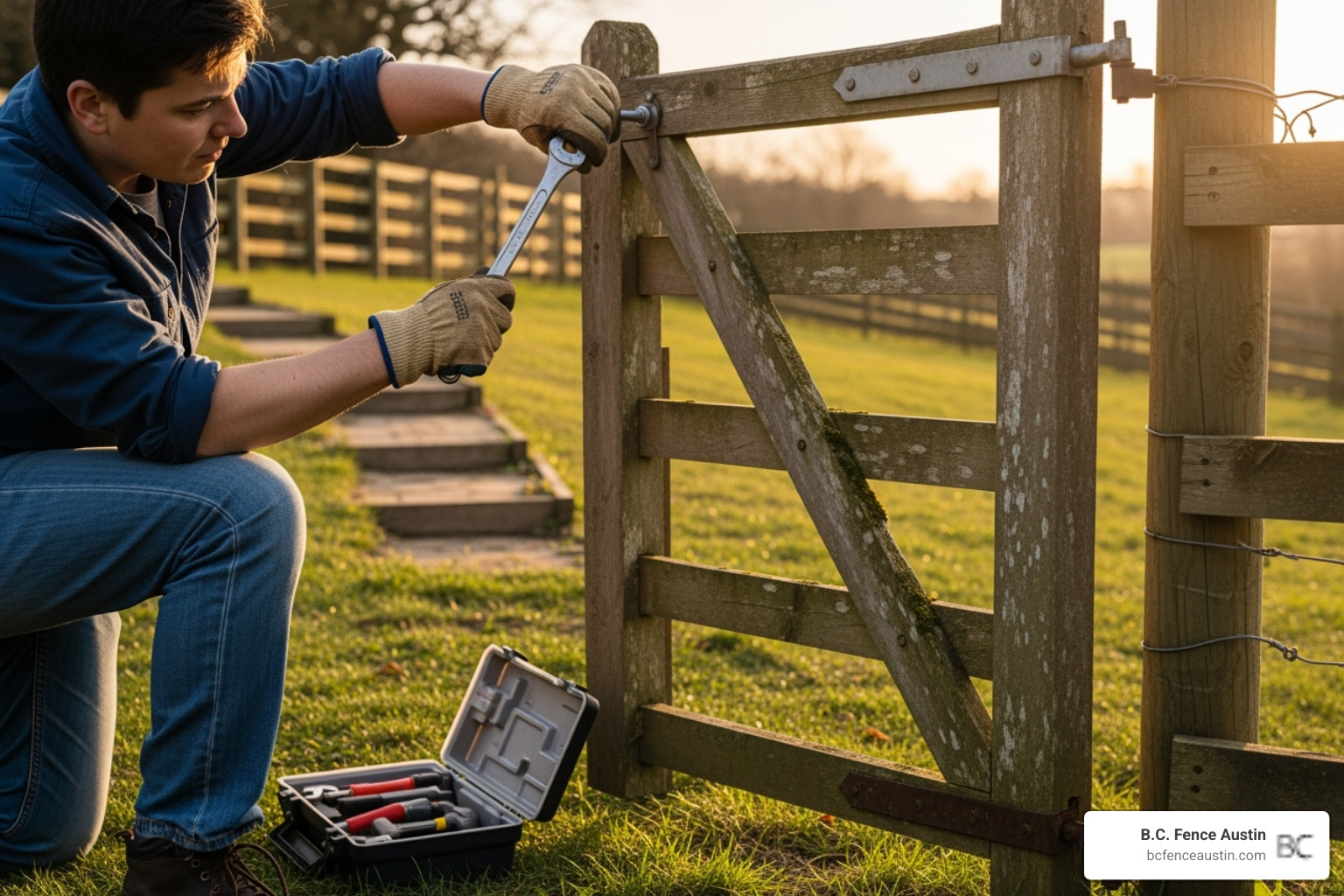 A person tightening the hinges on a slightly sagging gate - how much does it cost to replace a fence gate A person tightening the hinges on a slightly sagging gate - how much does it cost to replace a fence gate