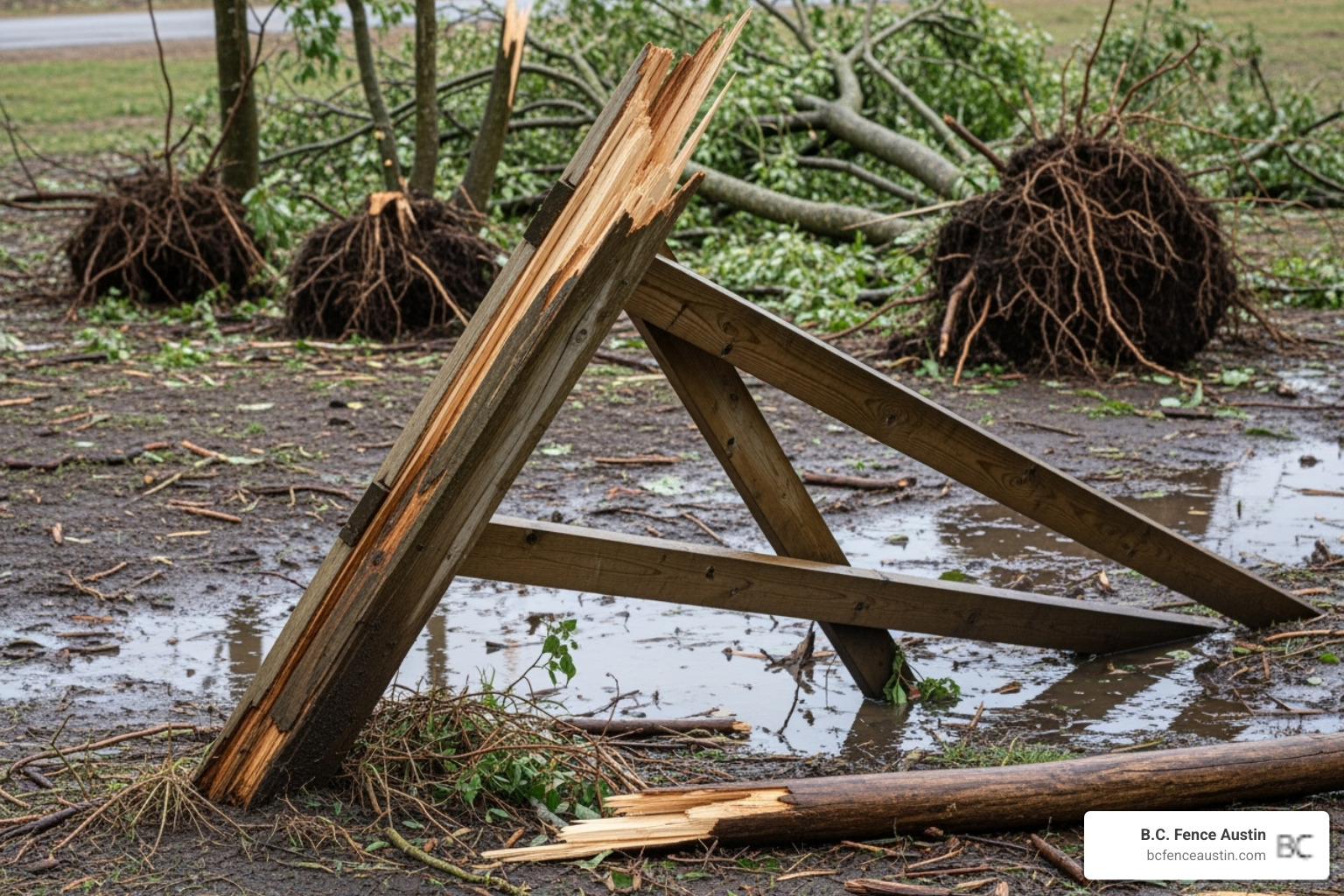 leaning fence post after a storm - Austin fence repair