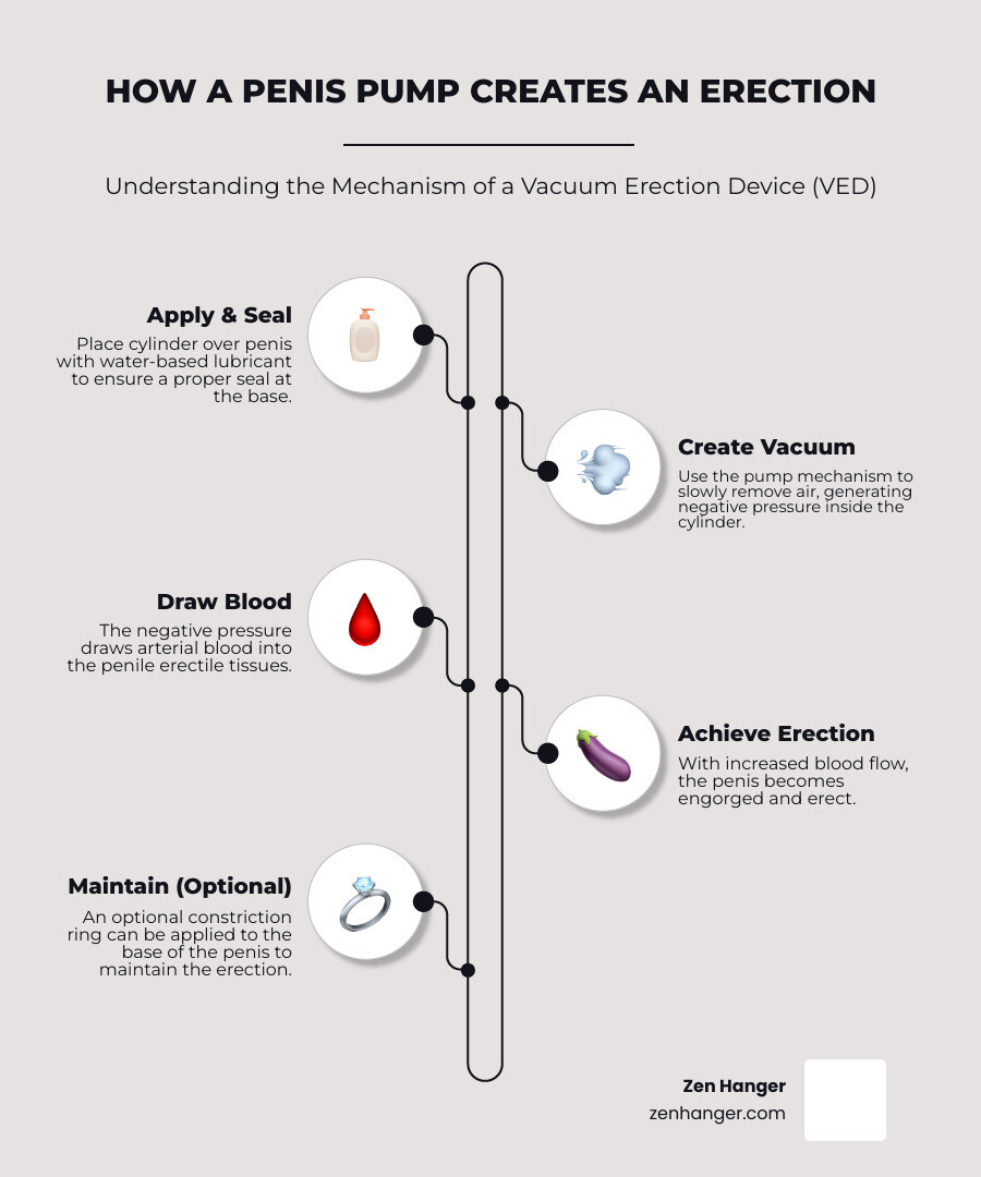 infographic showing the step-by-step process of how a penis pump creates an erection: 1) cylinder placed over penis with lubricant creating seal at base, 2) pump removes air creating vacuum, 3) negative pressure draws blood into erectile tissues, 4) penis becomes engorged and erect, 5) optional constriction ring applied to maintain erection - penis pump techniques infographic infographic-line-5-steps-elegant_beige