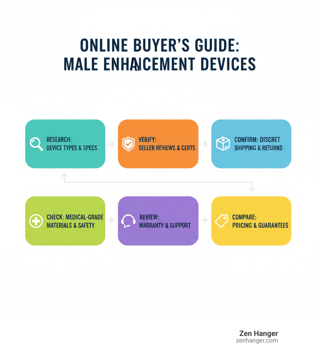 Infographic showing the key steps in buying a penis extender online: 1) Research device types and tension strength specifications, 2) Verify seller reputation through reviews and certifications, 3) Confirm discreet shipping and return policies, 4) Check for medical-grade materials and safety certifications, 5) Review warranty and customer support options, 6) Compare pricing against features and guarantees - buy penis extender online infographic Infographic showing the key steps in buying a penis extender online: 1) Research device types and tension strength specifications, 2) Verify seller reputation through reviews and certifications, 3) Confirm discreet shipping and return policies, 4) Check for medical-grade materials and safety certifications, 5) Review warranty and customer support options, 6) Compare pricing against features and guarantees - buy penis extender online infographic