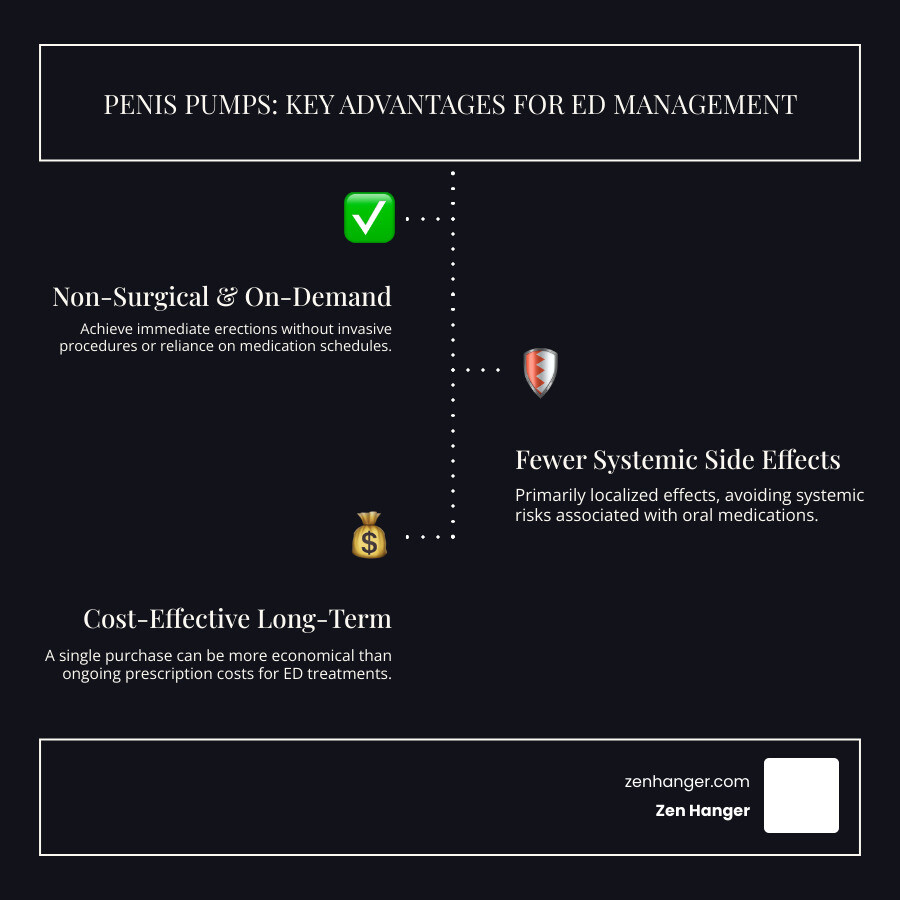 infographic comparing penis pumps to other non-surgical ED management strategies, highlighting factors like onset of action, invasiveness, cost, and side effects - penis pump techniques infographic infographic-line-3-steps-dark