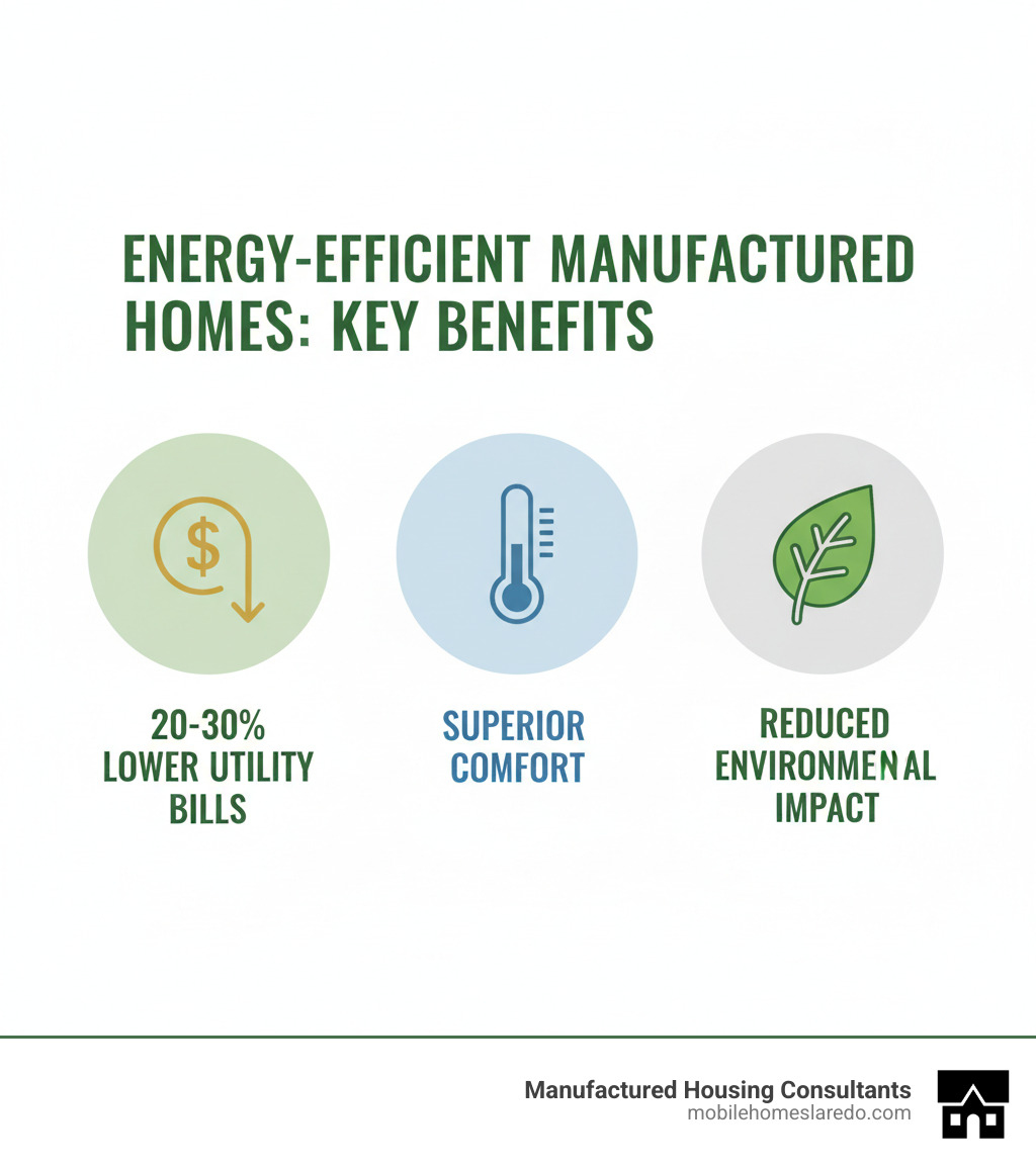 infographic showing three main benefits of energy efficient manufactured homes: a dollar sign with downward arrow representing 20-30% lower utility bills, a thermometer showing consistent temperature for superior comfort, and a green leaf symbolizing reduced environmental impact - Energy efficient manufactured homes infographic  infographic showing three main benefits of energy efficient manufactured homes: a dollar sign with downward arrow representing 20-30% lower utility bills, a thermometer showing consistent temperature for superior comfort, and a green leaf symbolizing reduced environmental impact - Energy efficient manufactured homes infographic