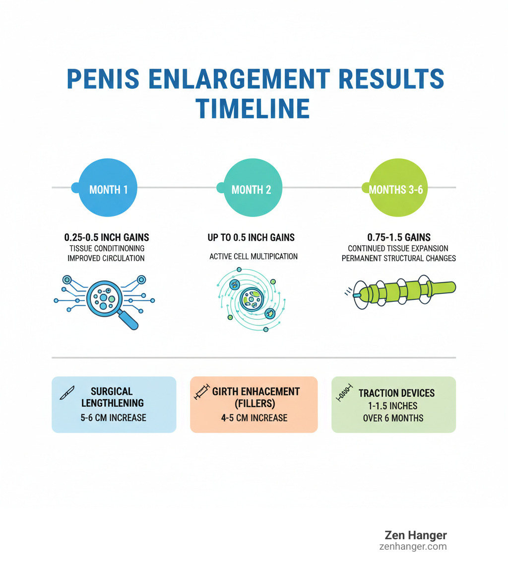 Infographic showing the timeline of penis enlargement results: Month 1 shows 0.25-0.5 inch gains with tissue conditioning and improved circulation; Month 2 shows up to 0.5 inch gains with active cell multiplication; Months 3-6 show 0.75-1.5 inch gains with continued tissue expansion and permanent structural changes. Includes average measurements for surgical lengthening (5-6cm increase), girth enhancement via fillers (4-5cm increase), and traction devices (1-1.5 inches over 6 months). - penis enlargement before and after infographic Infographic showing the timeline of penis enlargement results: Month 1 shows 0.25-0.5 inch gains with tissue conditioning and improved circulation; Month 2 shows up to 0.5 inch gains with active cell multiplication; Months 3-6 show 0.75-1.5 inch gains with continued tissue expansion and permanent structural changes. Includes average measurements for surgical lengthening (5-6cm increase), girth enhancement via fillers (4-5cm increase), and traction devices (1-1.5 inches over 6 months). - penis enlargement before and after infographic
