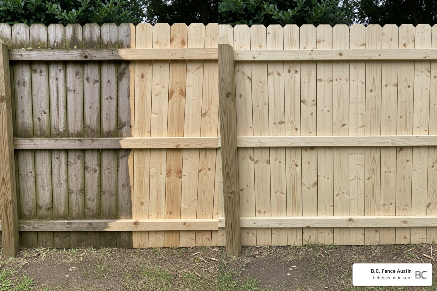 repaired fence section versus a brand new fence - Austin fence repair