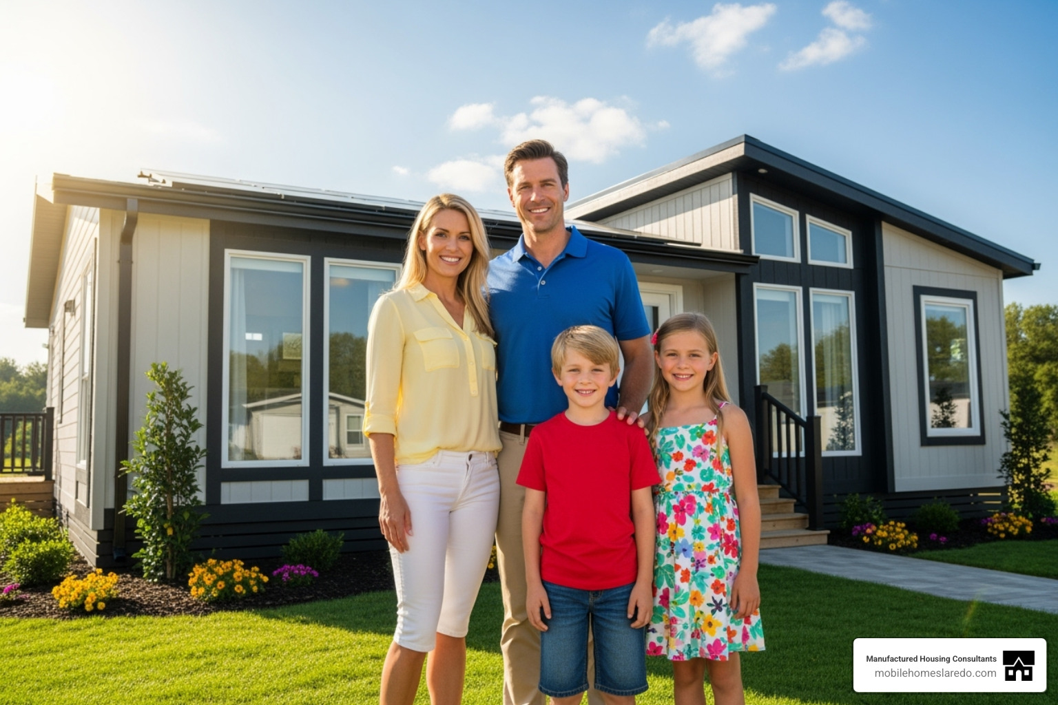 happy family standing in front of their new manufactured home - Energy efficient manufactured homes happy family standing in front of their new manufactured home - Energy efficient manufactured homes