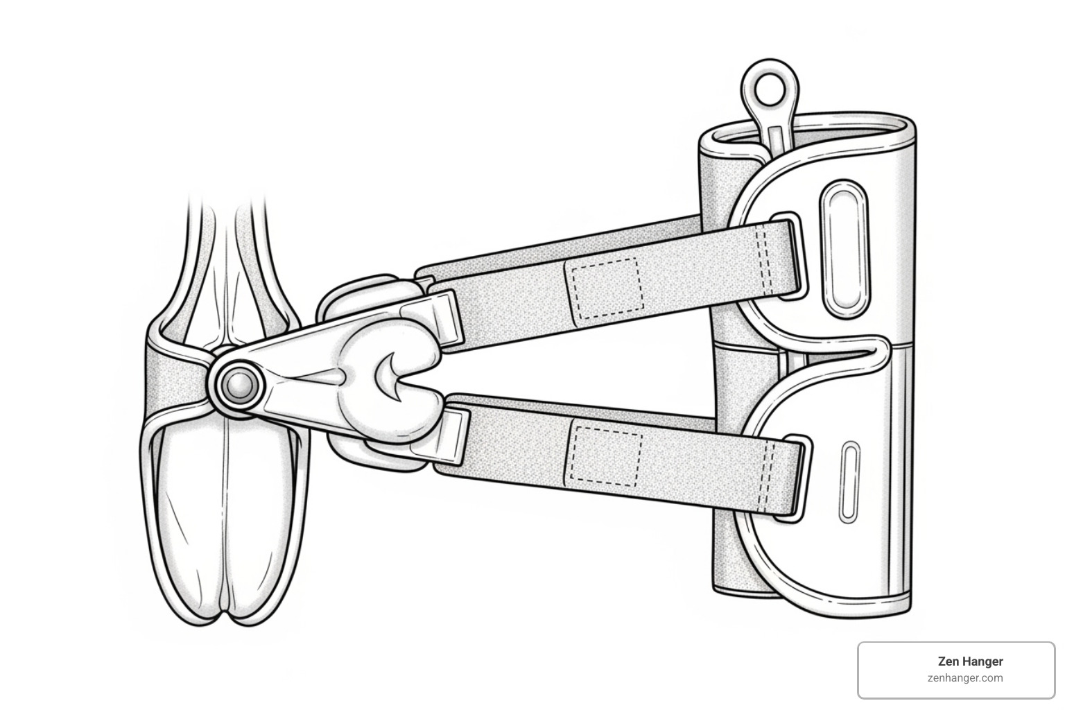 Illustration of a penis traction device in use, showing gentle stretching - penis enlargement before and after Illustration of a penis traction device in use, showing gentle stretching - penis enlargement before and after