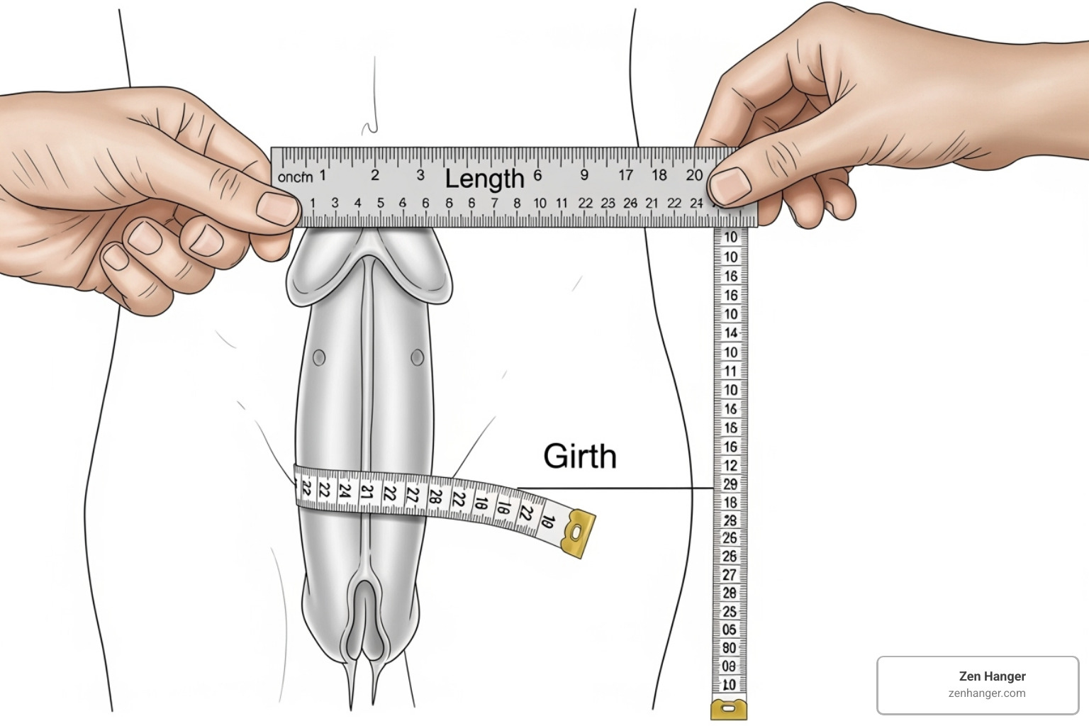Diagram illustrating proper measurement techniques for penis length and girth - penis enlargement before and after Diagram illustrating proper measurement techniques for penis length and girth - penis enlargement before and after