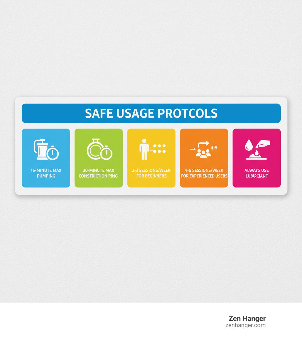 Infographic showing safe usage protocols: 15-minute max pumping, 30-minute max constriction ring, 2-3 sessions/week for beginners, 4-5 sessions/week for experienced users, always use lubricant - how to use a penis pump with pictures infographic Infographic showing safe usage protocols: 15-minute max pumping, 30-minute max constriction ring, 2-3 sessions/week for beginners, 4-5 sessions/week for experienced users, always use lubricant - how to use a penis pump with pictures infographic