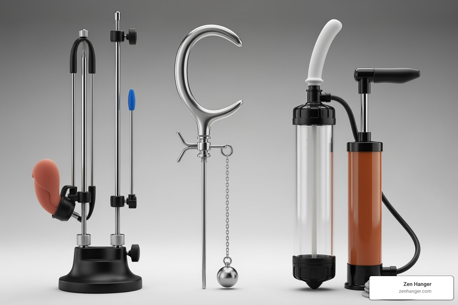 different types of devices: an extender, a hanger, and a vacuum pump - penis stretching system different types of devices: an extender, a hanger, and a vacuum pump - penis stretching system