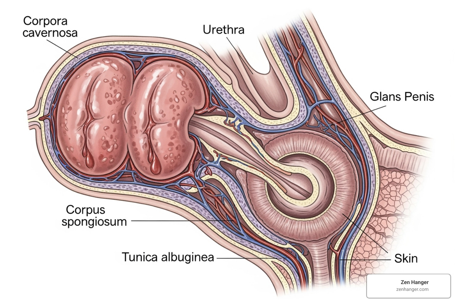Clinical diagram illustrating penile anatomy and tissue layers - penis enlargement before and after Clinical diagram illustrating penile anatomy and tissue layers - penis enlargement before and after