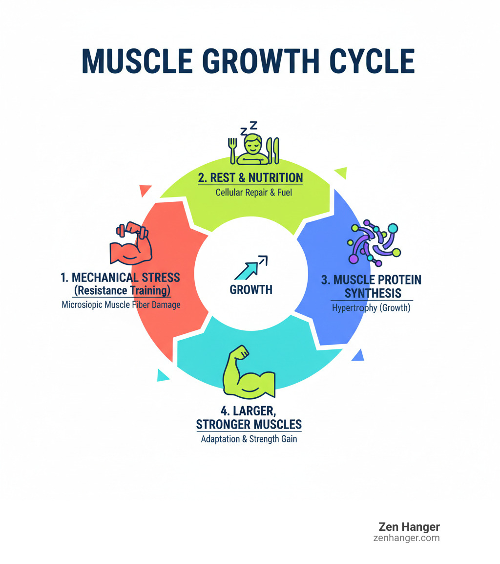 infographic showing the muscle growth cycle: mechanical stress from resistance training causes microscopic muscle fiber damage, followed by rest and nutrition supporting cellular repair, leading to muscle protein synthesis and hypertrophy, resulting in larger, stronger muscle fibers - how to get bigger naturally infographic 