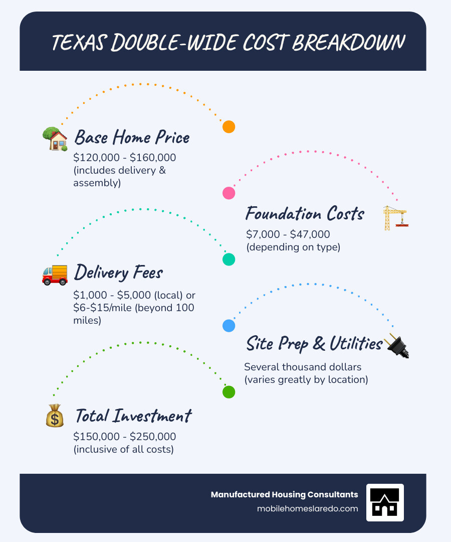 Infographic showing the complete cost breakdown of a double-wide home in Texas: base home price ($120,000-$160,000), foundation costs ($7,000-$47,000), delivery fees ($1,000-$5,000 local or $6-$15 per mile), site preparation and utility hookups (several thousand dollars), with total typical investment of $150,000-$250,000 - how much does a double wide trailer cost in texas infographic infographic-line-5-steps-blues-accent_colors Infographic showing the complete cost breakdown of a double-wide home in Texas: base home price ($120,000-$160,000), foundation costs ($7,000-$47,000), delivery fees ($1,000-$5,000 local or $6-$15 per mile), site preparation and utility hookups (several thousand dollars), with total typical investment of $150,000-$250,000 - how much does a double wide trailer cost in texas infographic infographic-line-5-steps-blues-accent_colors