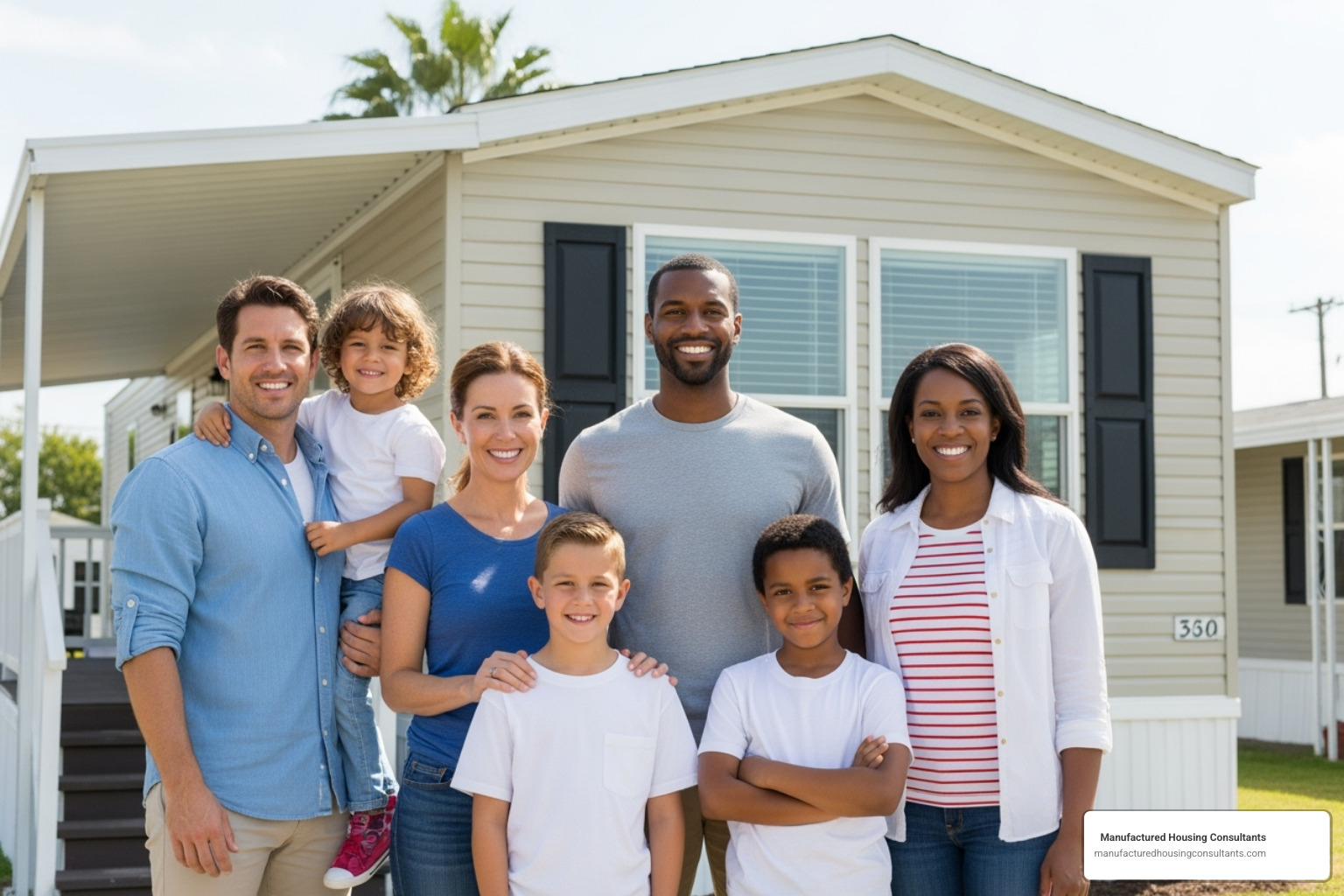 happy family standing in front of their newly purchased used mobile home - used mobile homes for sale san antonio under $10000
