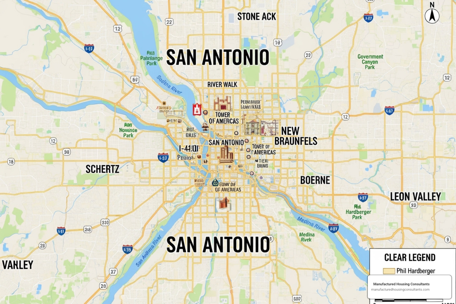map of the San Antonio area highlighting key suburbs - used mobile homes for sale san antonio under $10000