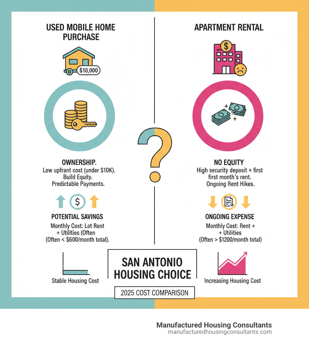 infographic explaining the cost benefits of buying a used mobile home versus renting an apartment in San Antonio - used mobile homes for sale san antonio under $10000 infographic 
