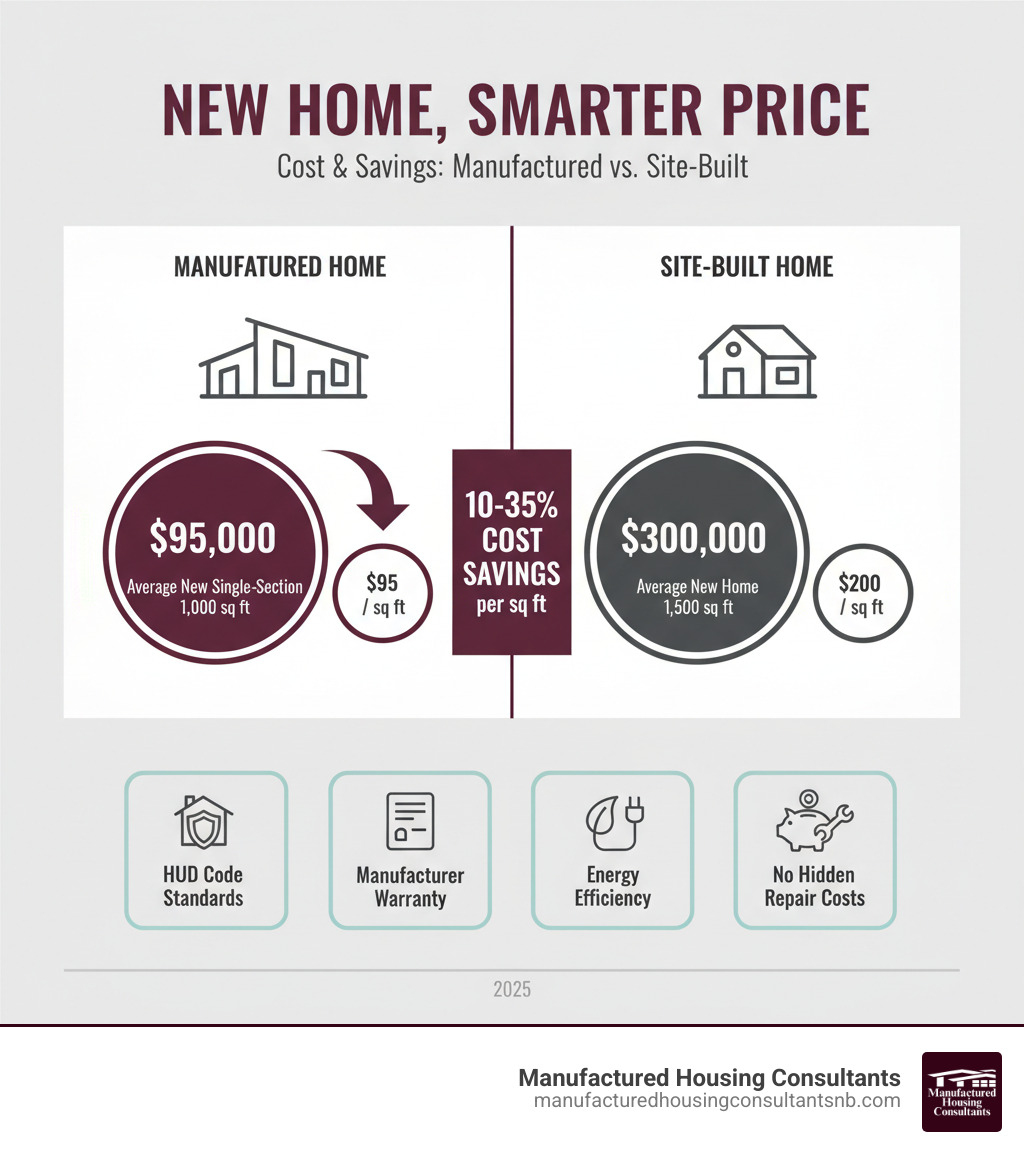 Infographic showing the cost breakdown and savings of a new manufactured home compared to site-built: Average new single-section manufactured home $95,000 with 1,000 sq ft equals $95 per sq ft versus average site-built home $300,000 with 1,500 sq ft equals $200 per sq ft, showing 10-35% cost savings per square foot, plus benefits including HUD Code standards, manufacturer warranty, modern energy efficiency, and no hidden repair costs - cheap brand new mobile homes infographic Infographic showing the cost breakdown and savings of a new manufactured home compared to site-built: Average new single-section manufactured home $95,000 with 1,000 sq ft equals $95 per sq ft versus average site-built home $300,000 with 1,500 sq ft equals $200 per sq ft, showing 10-35% cost savings per square foot, plus benefits including HUD Code standards, manufacturer warranty, modern energy efficiency, and no hidden repair costs - cheap brand new mobile homes infographic
