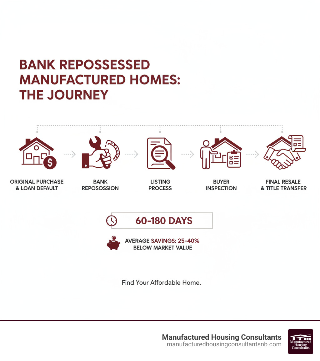 Infographic showing the journey of a manufactured home from original purchase and loan default through bank repossession, listing process, buyer inspection, and final resale with title transfer - including typical timeline of 60-180 days and average savings of 25-40% below market value - bank repo trailers infographic 