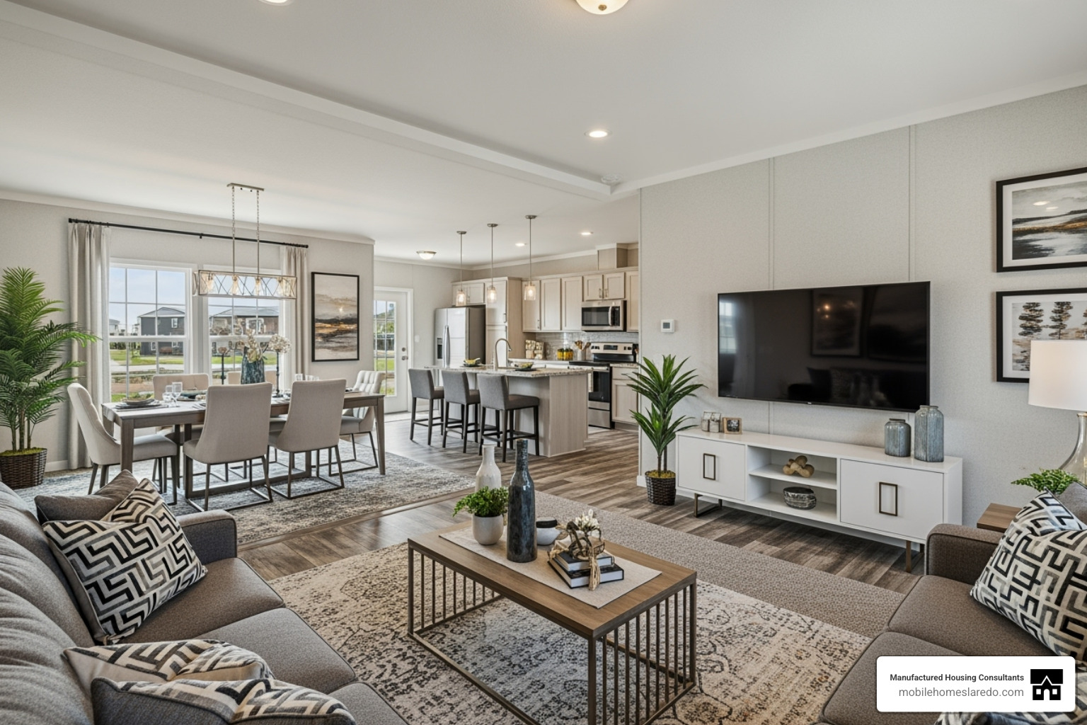 Interior of a spacious double-wide manufactured home with modern furnishings - Laredo home buyers