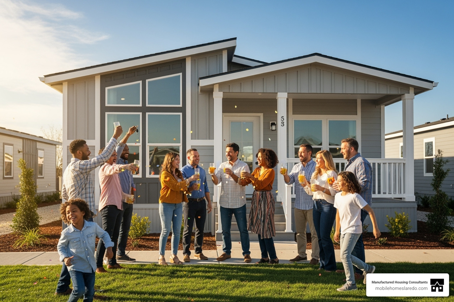 A diverse group of new homeowners celebrating in front of their modern manufactured home - Laredo home buyers