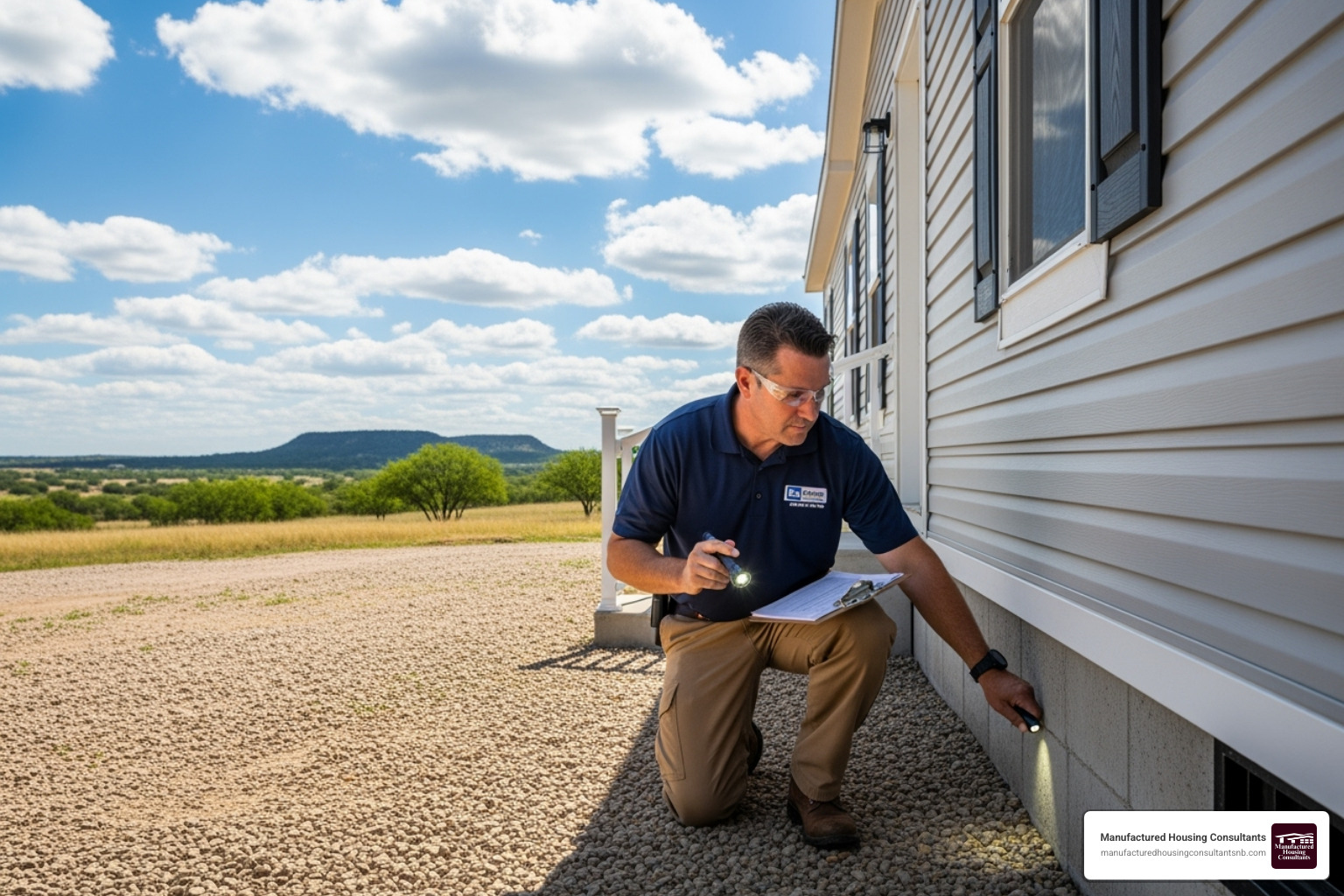 A professional inspecting the foundation of a modern manufactured home in a Texas setting - bank repo trailers