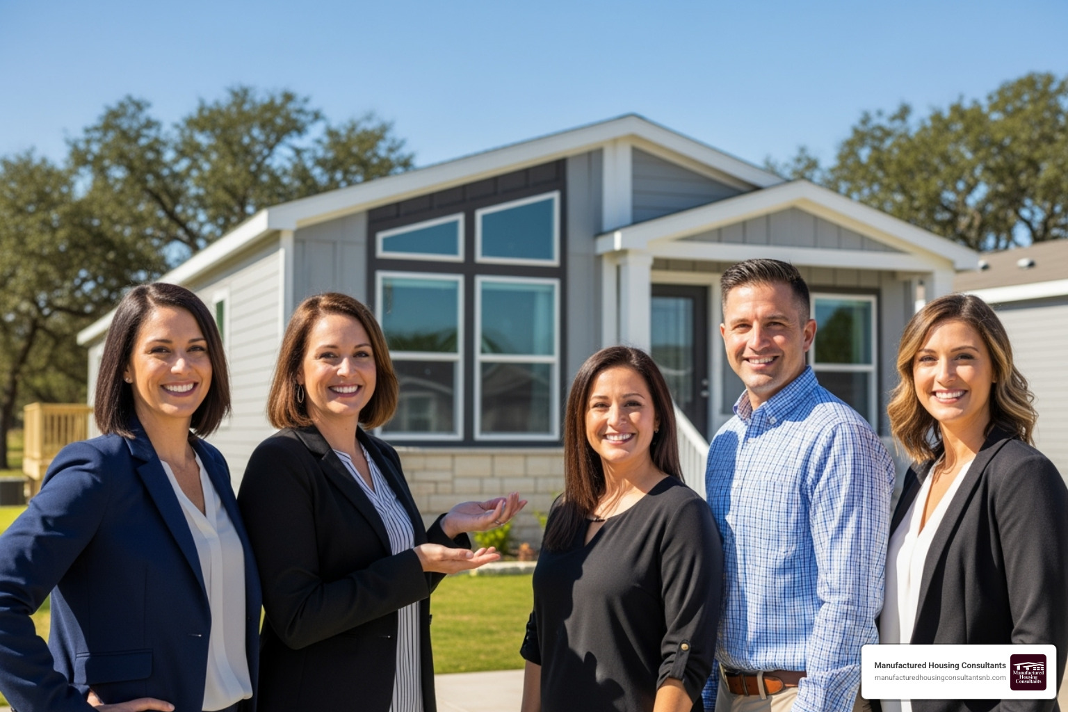 The friendly Manufactured Housing Consultants team standing in front of a modern manufactured home in New Braunfels, Texas - bank repo trailers