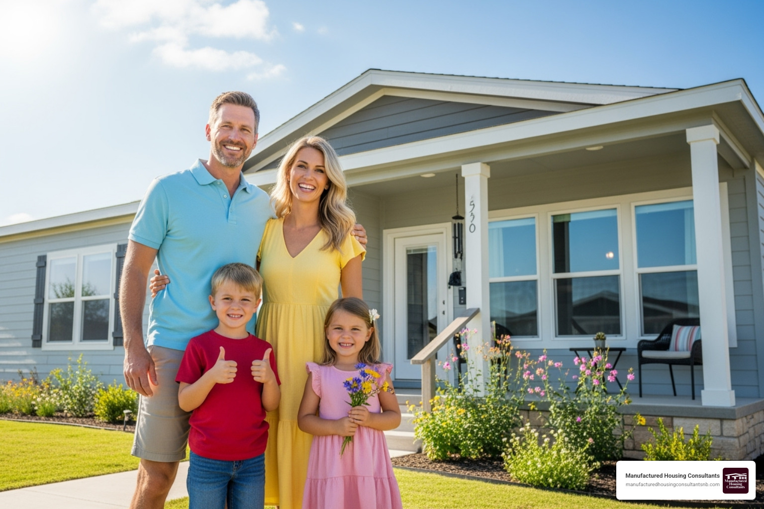 A family standing happily in front of their new manufactured home under a clear blue sky in Texas - bank repo trailers
