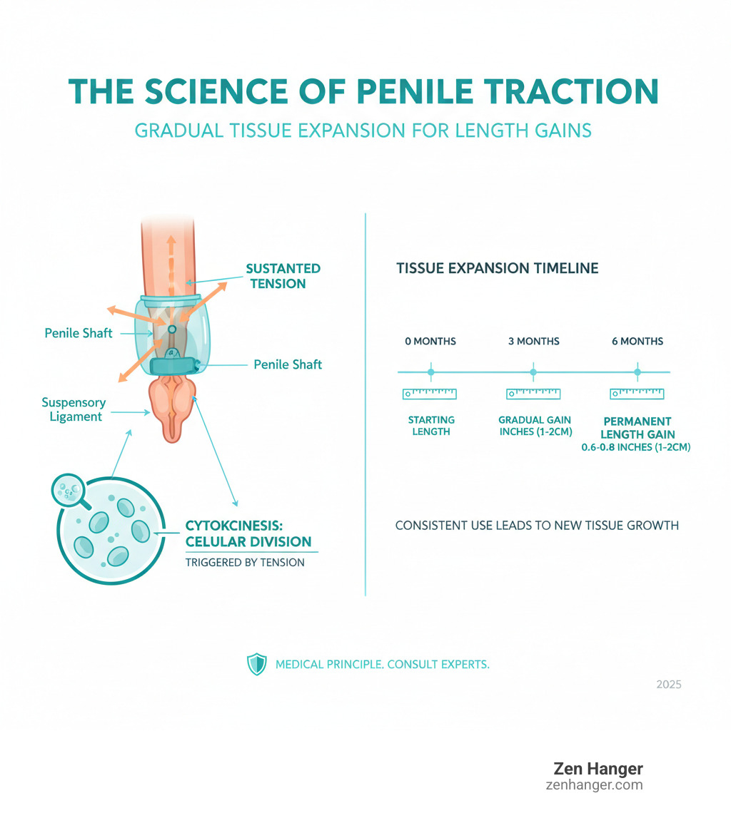 infographic showing how penile traction devices apply sustained tension to the penile shaft and suspensory ligament, triggering cellular division through cytokinesis, with a timeline showing gradual tissue expansion over 3-6 months leading to permanent length gains of 1-2 cm - penis stretching review infographic 