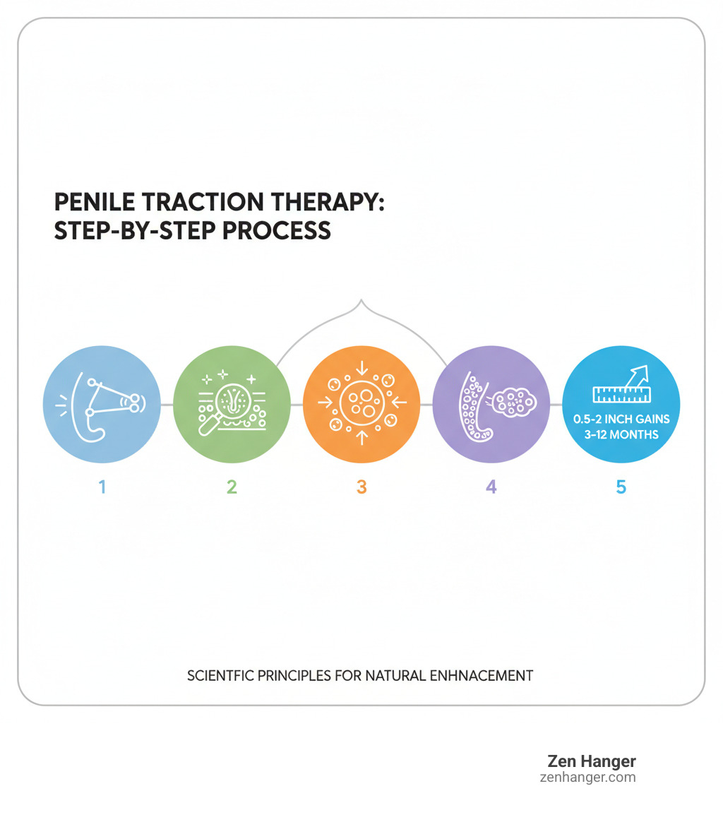 Infographic showing the step-by-step process of penile traction therapy: 1) Device applies gentle tension to penis, 2) Microscopic tears form in tissue, 3) Body initiates healing response through mitosis, 4) New cells fill gaps creating permanent growth, 5) Consistent use over 3-12 months yields 0.5-2 inch gains - penis stretching system infographic Infographic showing the step-by-step process of penile traction therapy: 1) Device applies gentle tension to penis, 2) Microscopic tears form in tissue, 3) Body initiates healing response through mitosis, 4) New cells fill gaps creating permanent growth, 5) Consistent use over 3-12 months yields 0.5-2 inch gains - penis stretching system infographic