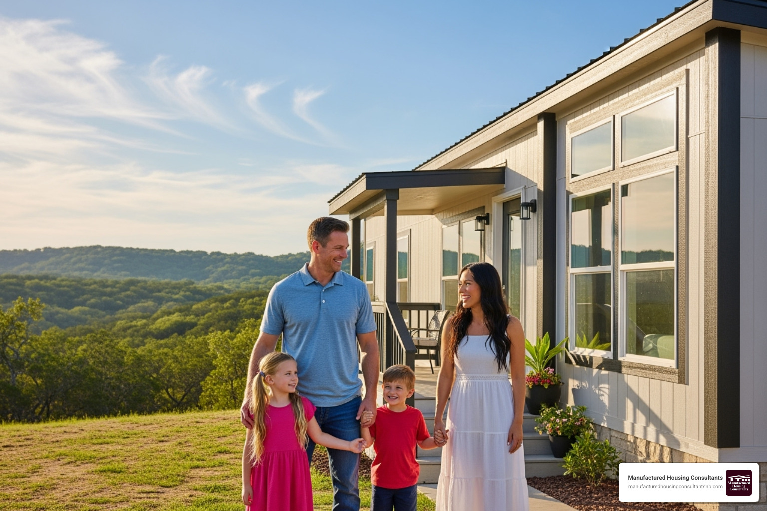 family smiling in front of their new mobile home in the Texas Hill Country - cheap brand new mobile homes family smiling in front of their new mobile home in the Texas Hill Country - cheap brand new mobile homes