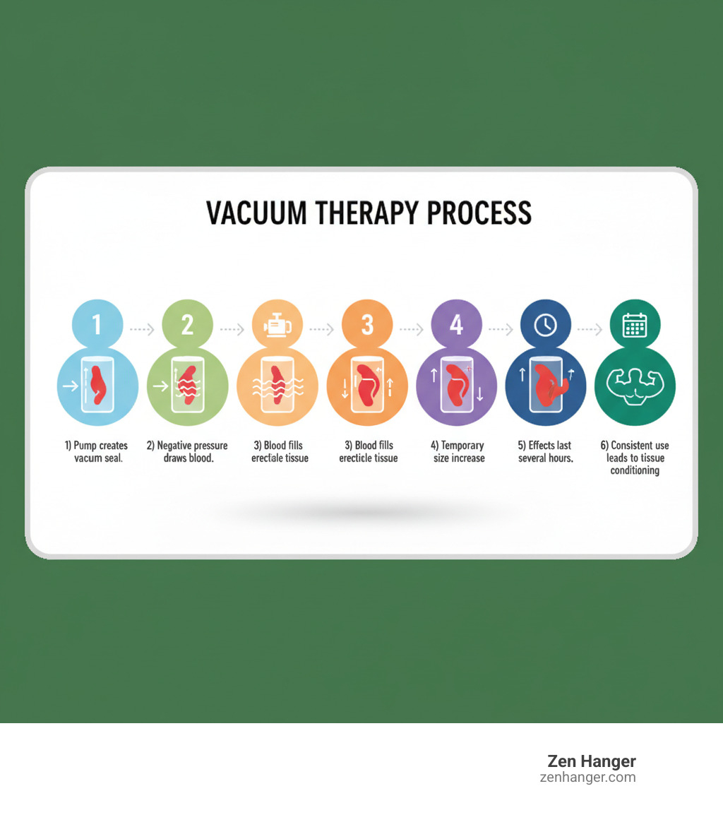 Infographic showing the vacuum therapy process: 1) Pump creates vacuum seal around penis, 2) Negative pressure draws blood into erectile tissue, 3) Corpus cavernosum expands with increased blood flow, 4) Temporary size increase occurs, 5) Results last several hours before tissue returns to baseline, 6) Consistent use over months may lead to tissue conditioning - pictures of pumped penis infographic  Infographic showing the vacuum therapy process: 1) Pump creates vacuum seal around penis, 2) Negative pressure draws blood into erectile tissue, 3) Corpus cavernosum expands with increased blood flow, 4) Temporary size increase occurs, 5) Results last several hours before tissue returns to baseline, 6) Consistent use over months may lead to tissue conditioning - pictures of pumped penis infographic