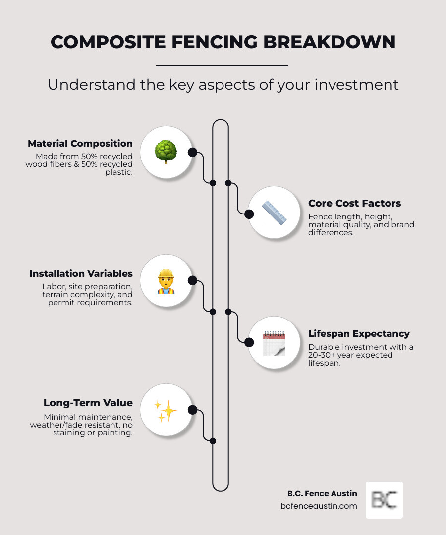 infographic showing composite fencing breakdown with three main sections: Material Composition (50% recycled wood fibers, 50% recycled plastic), Key Cost Factors (fence length and height, material quality, labor and installation, terrain preparation), and Long-Term Value (20-30+ year lifespan, minimal maintenance required, weather and fade resistant, no staining or painting needed) - Composite privacy fence cost infographic infographic-line-5-steps-elegant_beige