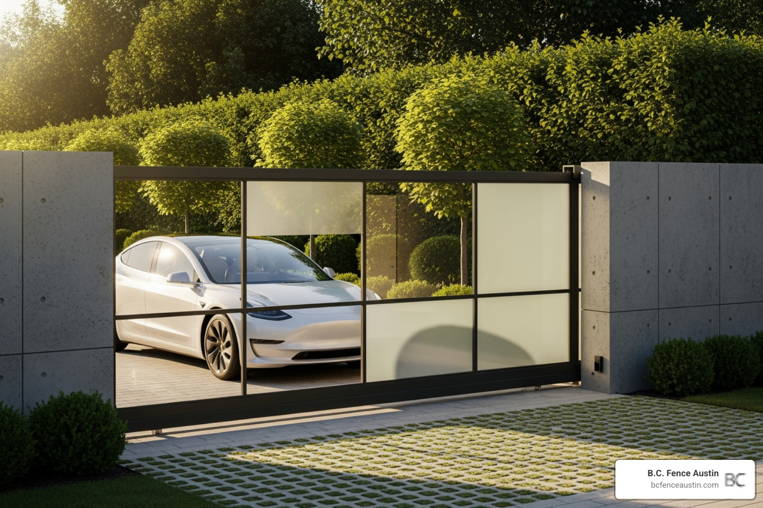 A sleek modern automatic gate opening for a car - automatic gate installation