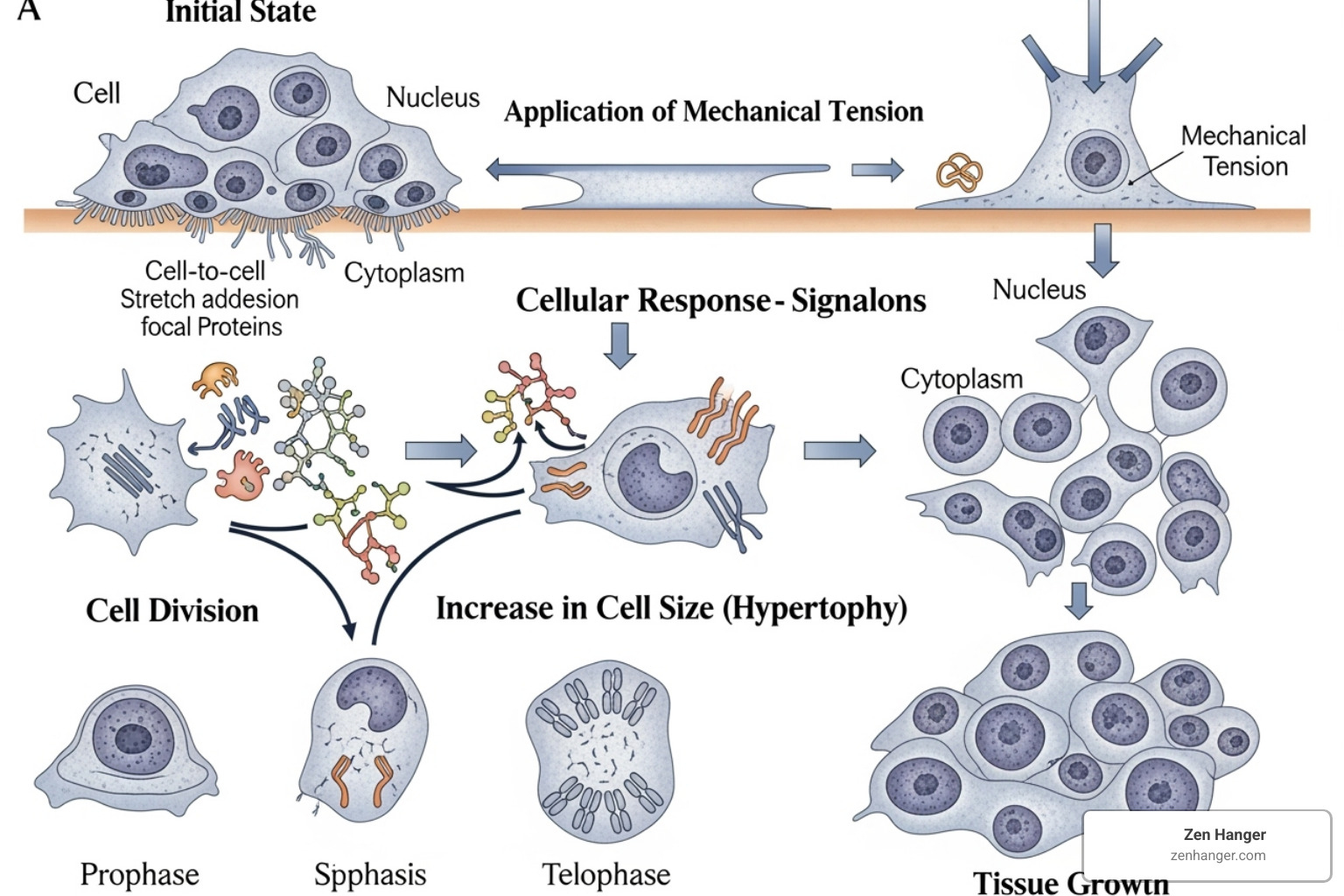diagram showing how gentle, consistent stretching causes cell division and growth - how to get bigger naturally
