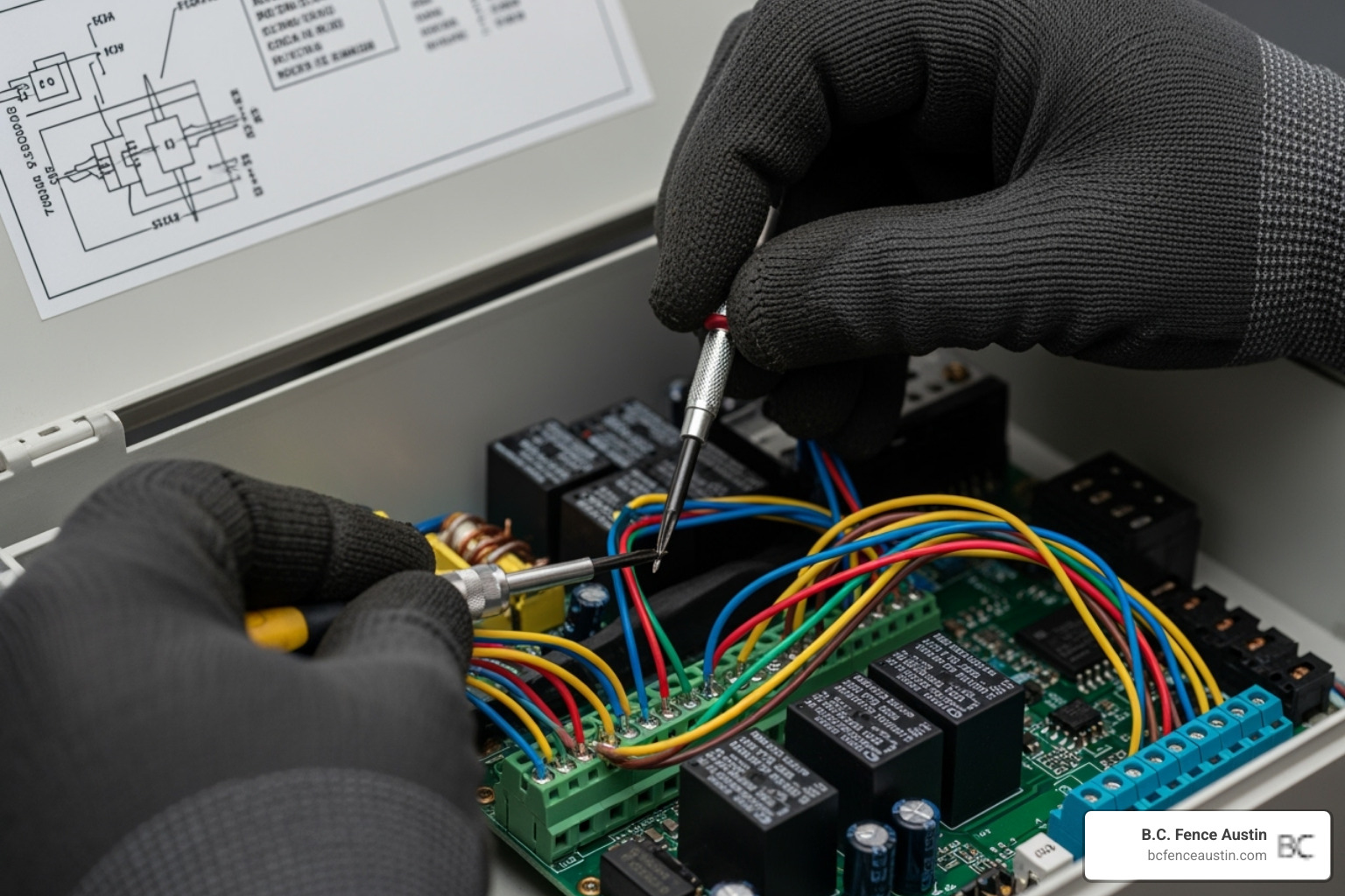 A professional installer carefully wiring a control box - automatic gate installation