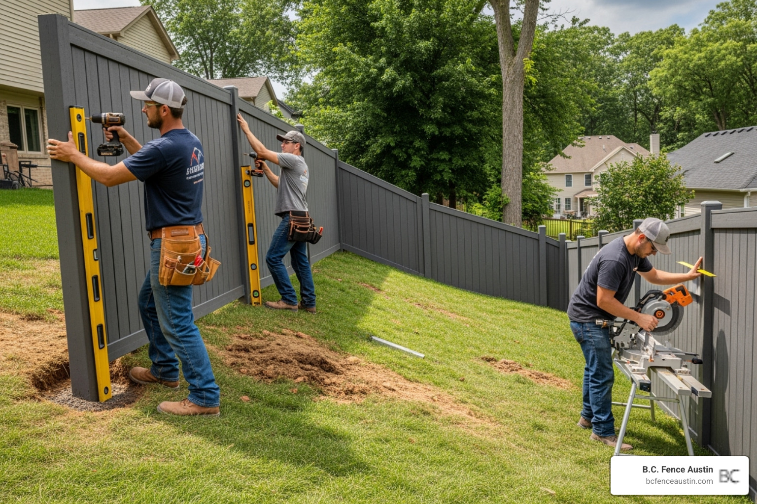 a professional crew installing a composite fence on uneven terrain - Composite privacy fence cost