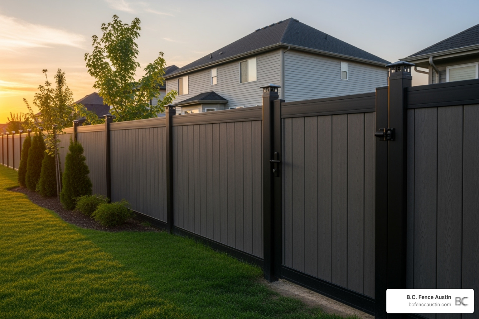 a composite fence with a matching gate and decorative post caps - Composite privacy fence cost
