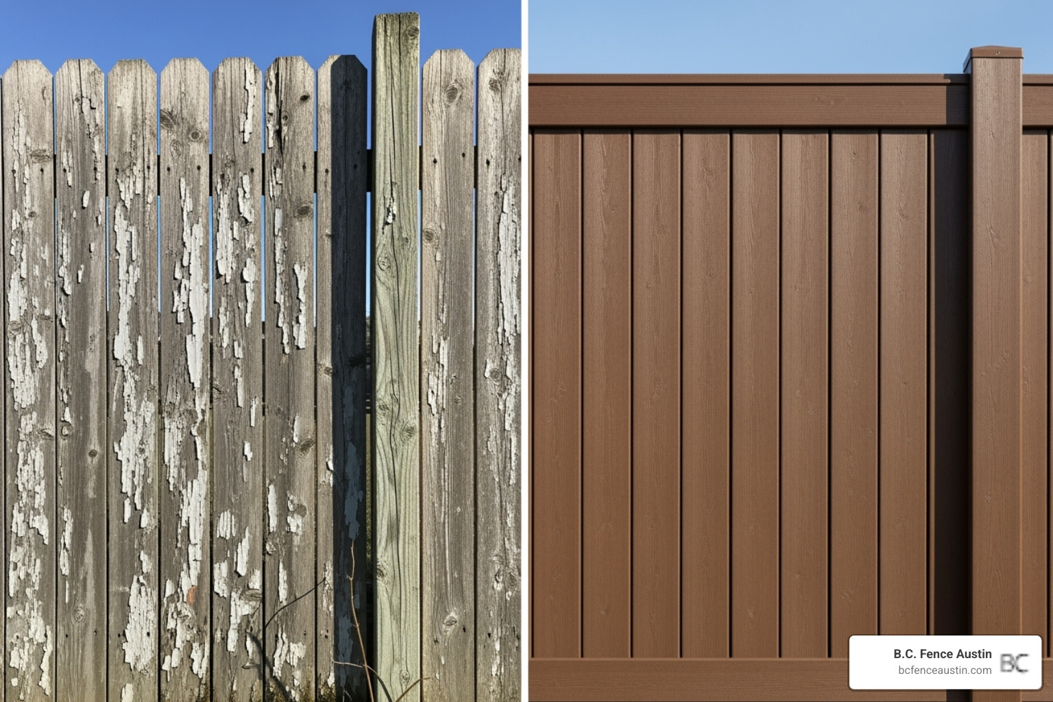 a side-by-side of a weathered wood fence and a pristine composite fence - Composite privacy fence cost